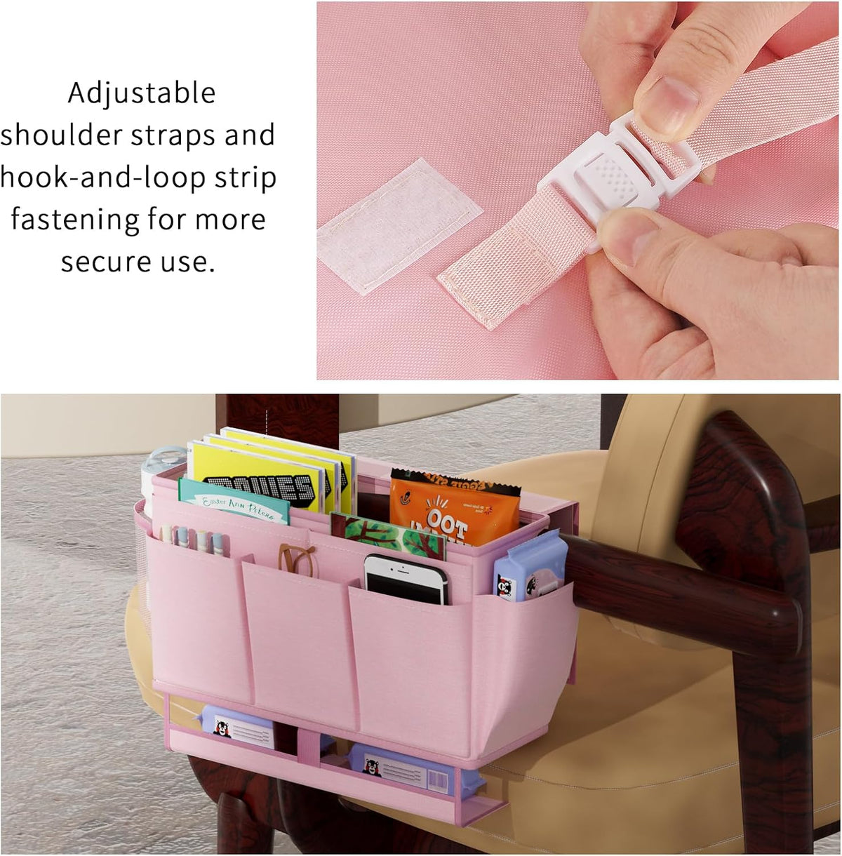 Bedside Caddy Organizer, Bed Caddy with 11 Pockets, Pink