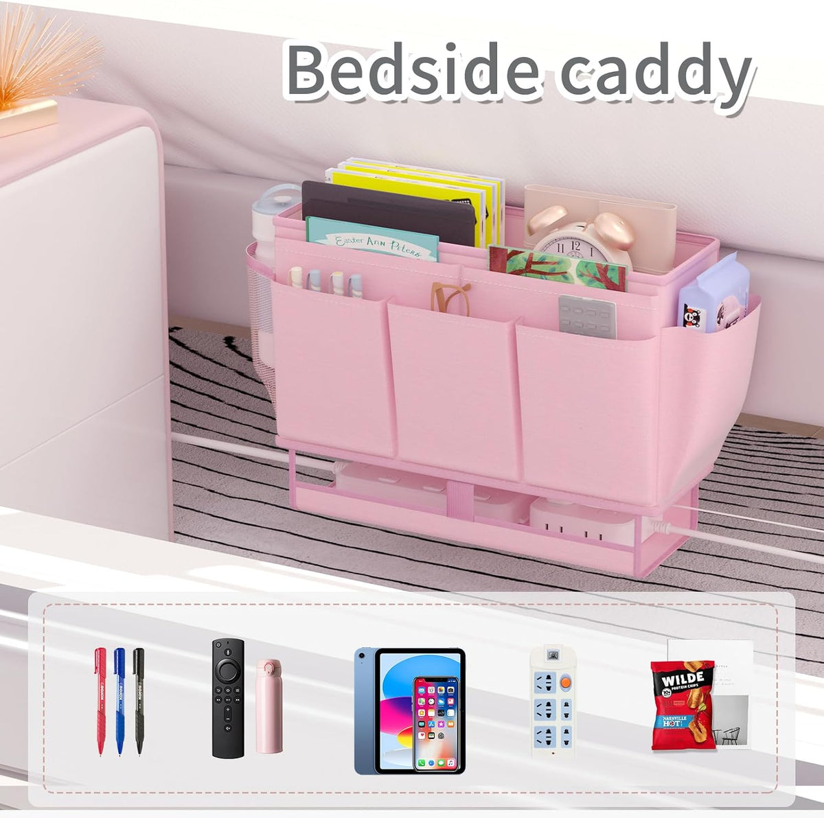 Bedside Caddy Organizer, Bed Caddy with 11 Pockets, Pink