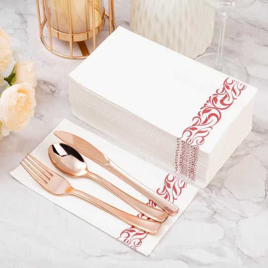 BESTVIP 200 Pack Disposable Paper Napkins,3-Ply Dinner Napkins with Rose Gold Trim for Guests, Bathroom Paper Hand Towels Soft and Absorbent, Perfect for Kitchen, Dinner, Party, Wedding or Event