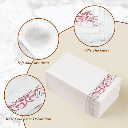 BESTVIP 200 Pack Disposable Paper Napkins,3-Ply Dinner Napkins with Rose Gold Trim for Guests, Bathroom Paper Hand Towels Soft and Absorbent, Perfect for Kitchen, Dinner, Party, Wedding or Event