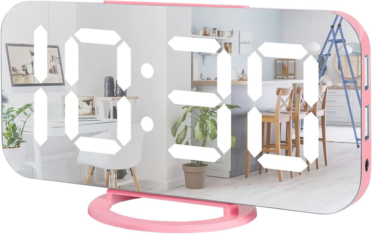 Lamisola Pink Digital for Girls, Large LED Mirror Desk Clock, 2 USB Charging Ports, Nightstand Table Aesthetic Sleek Clocks Decor for Bedroom Office, Pink