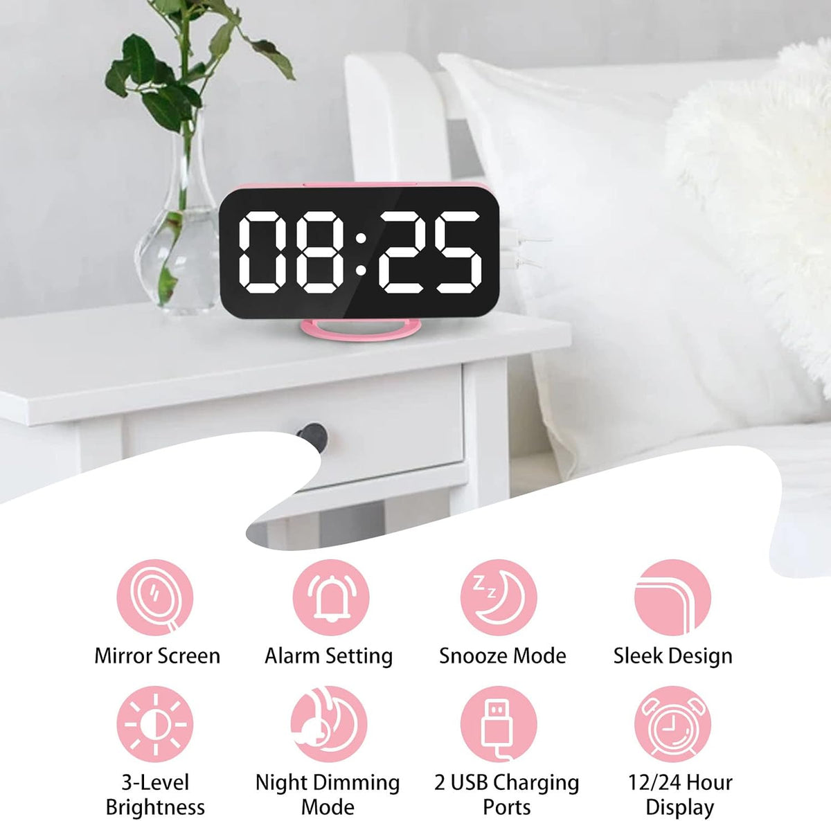 Lamisola Pink Digital for Girls, Large LED Mirror Desk Clock, 2 USB Charging Ports, Nightstand Table Aesthetic Sleek Clocks Decor for Bedroom Office, Pink