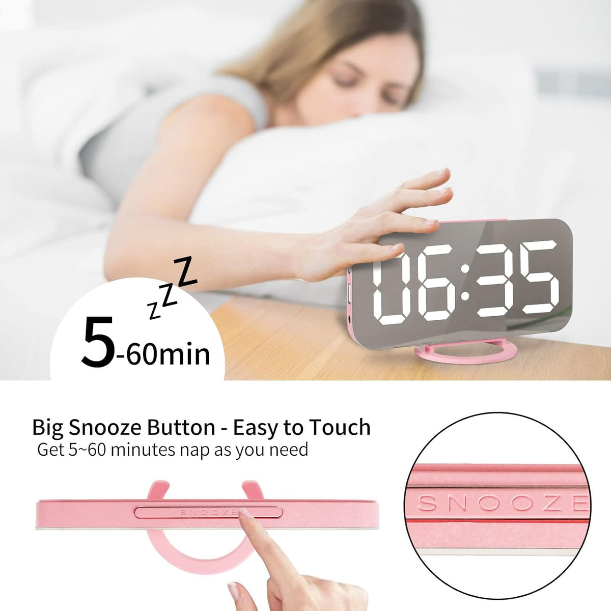 Lamisola Pink Digital for Girls, Large LED Mirror Desk Clock, 2 USB Charging Ports, Nightstand Table Aesthetic Sleek Clocks Decor for Bedroom Office, Pink