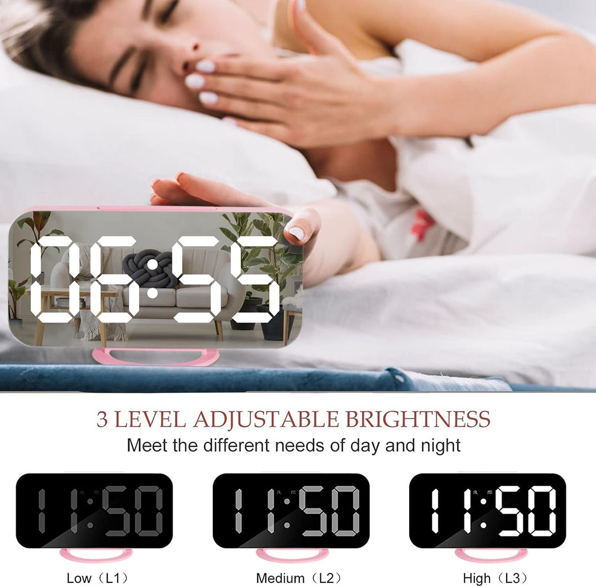 Lamisola Pink Digital for Girls, Large LED Mirror Desk Clock, 2 USB Charging Ports, Nightstand Table Aesthetic Sleek Clocks Decor for Bedroom Office, Pink