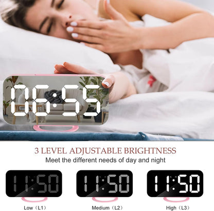 Lamisola Pink Digital for Girls, Large LED Mirror Desk Clock, 2 USB Charging Ports, Nightstand Table Aesthetic Sleek Clocks Decor for Bedroom Office, Pink