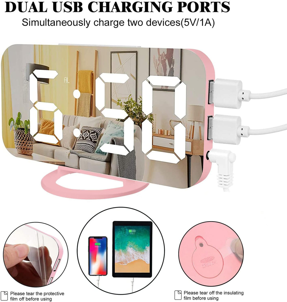 Lamisola Pink Digital for Girls, Large LED Mirror Desk Clock, 2 USB Charging Ports, Nightstand Table Aesthetic Sleek Clocks Decor for Bedroom Office, Pink