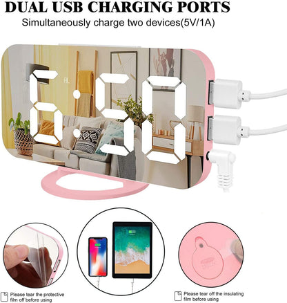 Lamisola Pink Digital for Girls, Large LED Mirror Desk Clock, 2 USB Charging Ports, Nightstand Table Aesthetic Sleek Clocks Decor for Bedroom Office, Pink