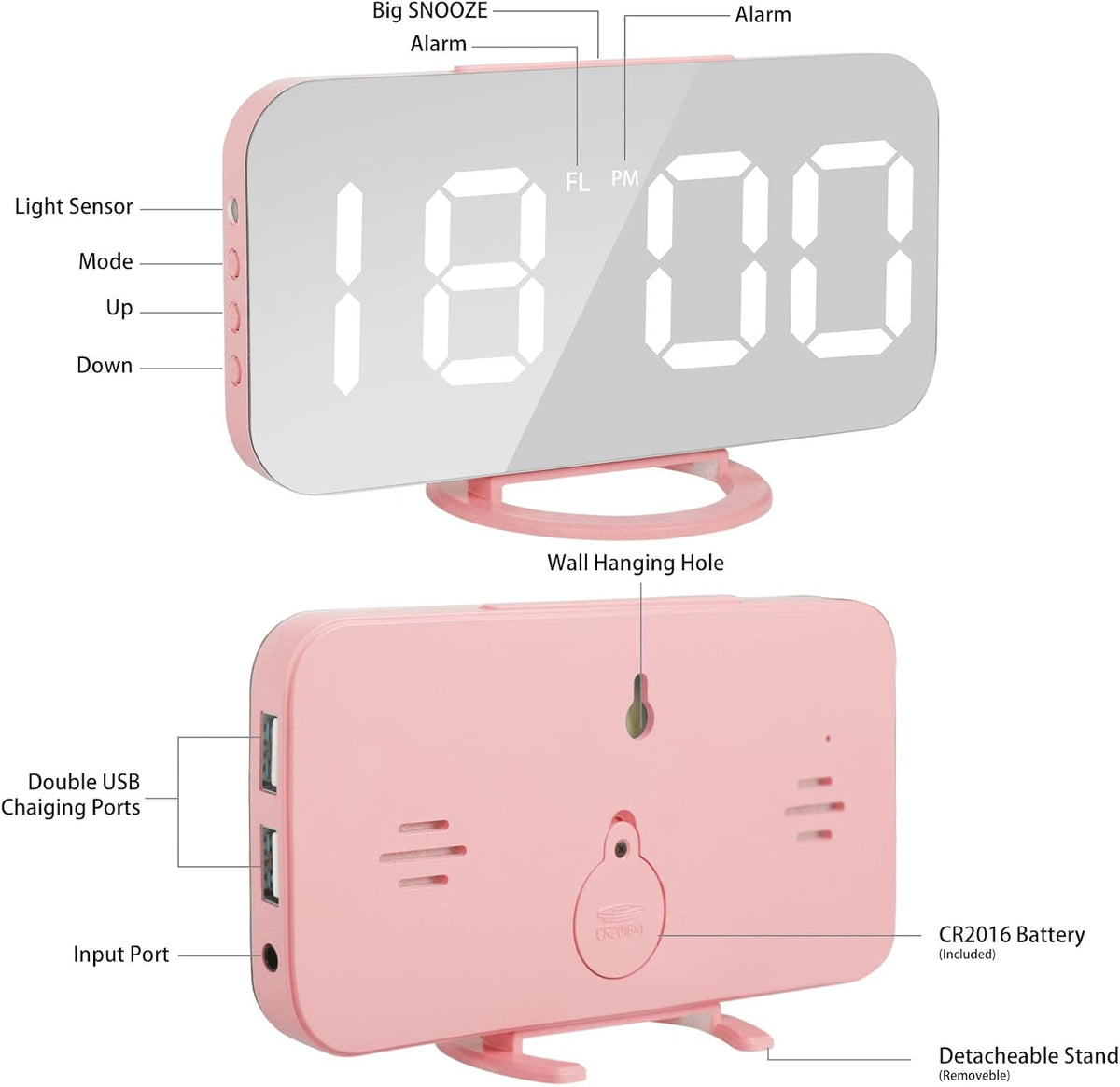 Lamisola Pink Digital for Girls, Large LED Mirror Desk Clock, 2 USB Charging Ports, Nightstand Table Aesthetic Sleek Clocks Decor for Bedroom Office, Pink