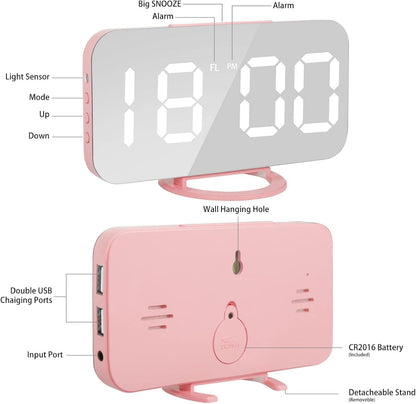Lamisola Pink Digital for Girls, Large LED Mirror Desk Clock, 2 USB Charging Ports, Nightstand Table Aesthetic Sleek Clocks Decor for Bedroom Office, Pink
