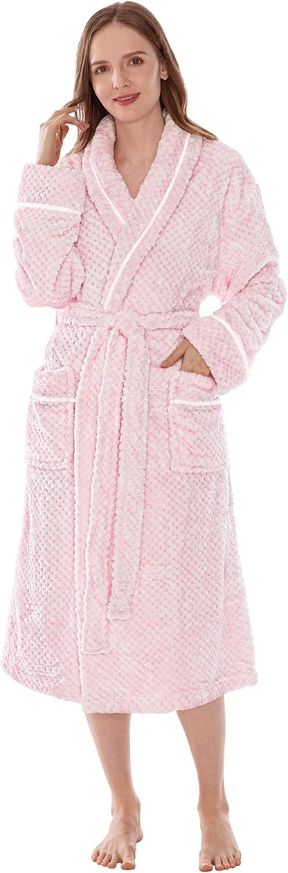 Womens Plush Robe, Soft Fleece Long Spa Bathrobe with Pockets