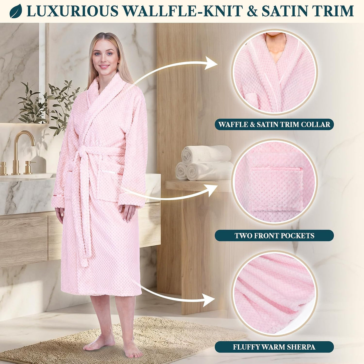 Womens Plush Robe, Soft Fleece Long Spa Bathrobe with Pockets