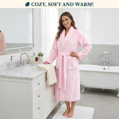 Womens Plush Robe, Soft Fleece Long Spa Bathrobe with Pockets