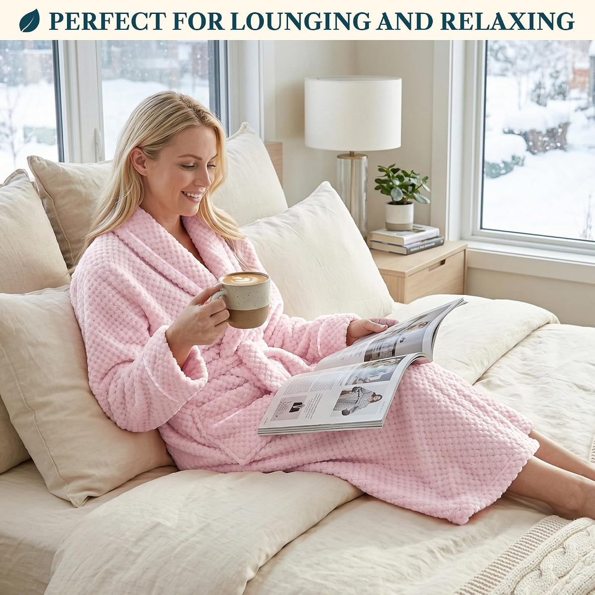 Womens Plush Robe, Soft Fleece Long Spa Bathrobe with Pockets