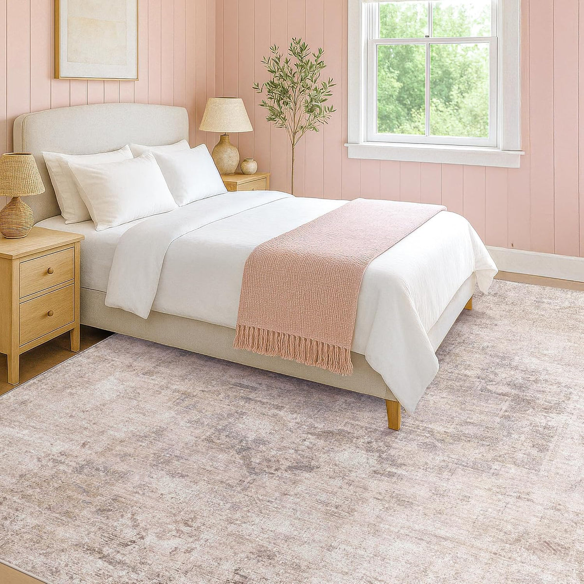 Modern Washable Bedroom Area Rug 5x8, Abstract Rugs for Living Room, Dining Room, Pink Mauve and Grey Medallion Pattern, Non Slip Low Pile Stain Resistant, Distressed Design