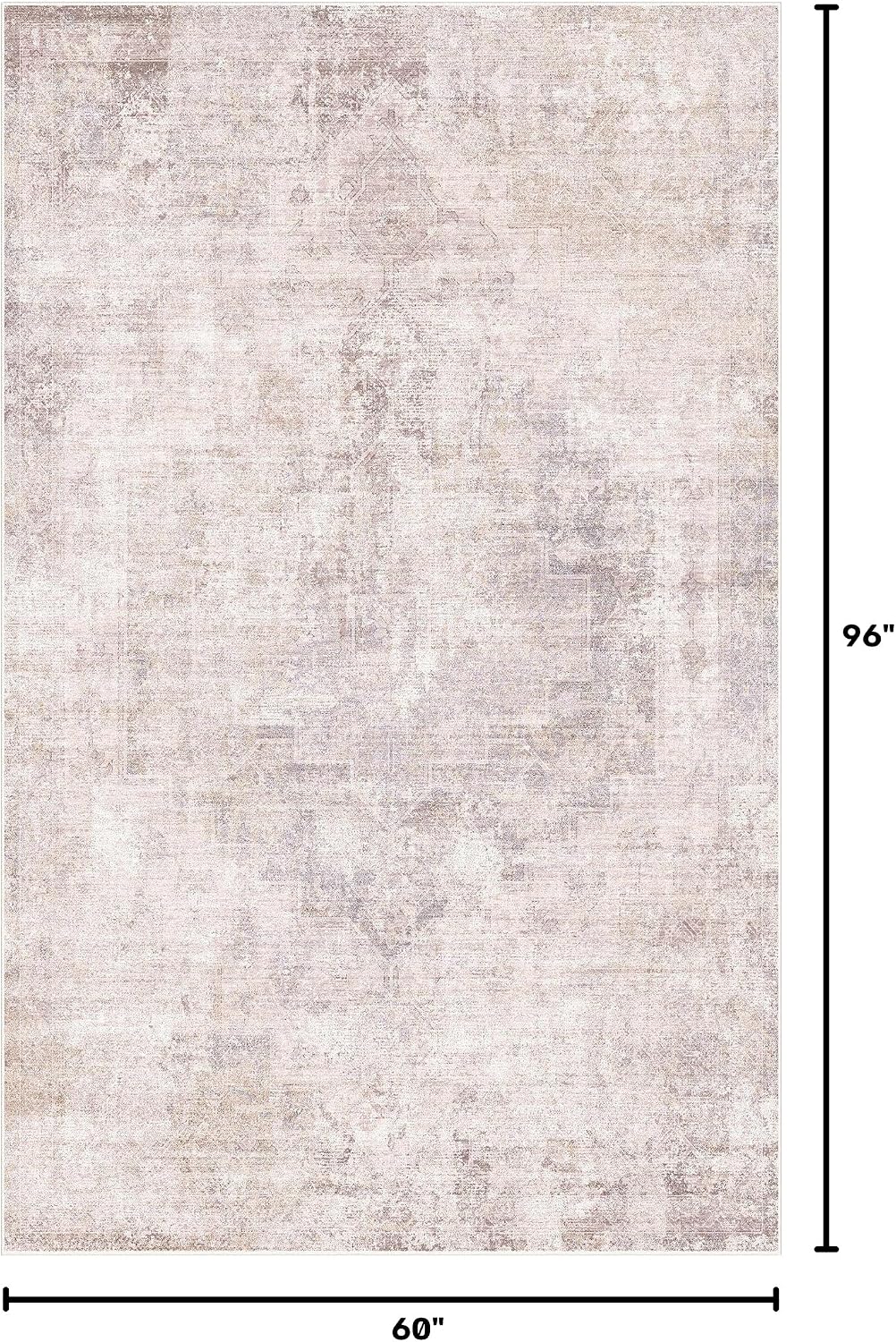 Modern Washable Bedroom Area Rug 5x8, Abstract Rugs for Living Room, Dining Room, Pink Mauve and Grey Medallion Pattern, Non Slip Low Pile Stain Resistant, Distressed Design