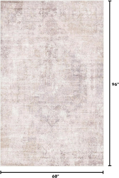 Modern Washable Bedroom Area Rug 5x8, Abstract Rugs for Living Room, Dining Room, Pink Mauve and Grey Medallion Pattern, Non Slip Low Pile Stain Resistant, Distressed Design