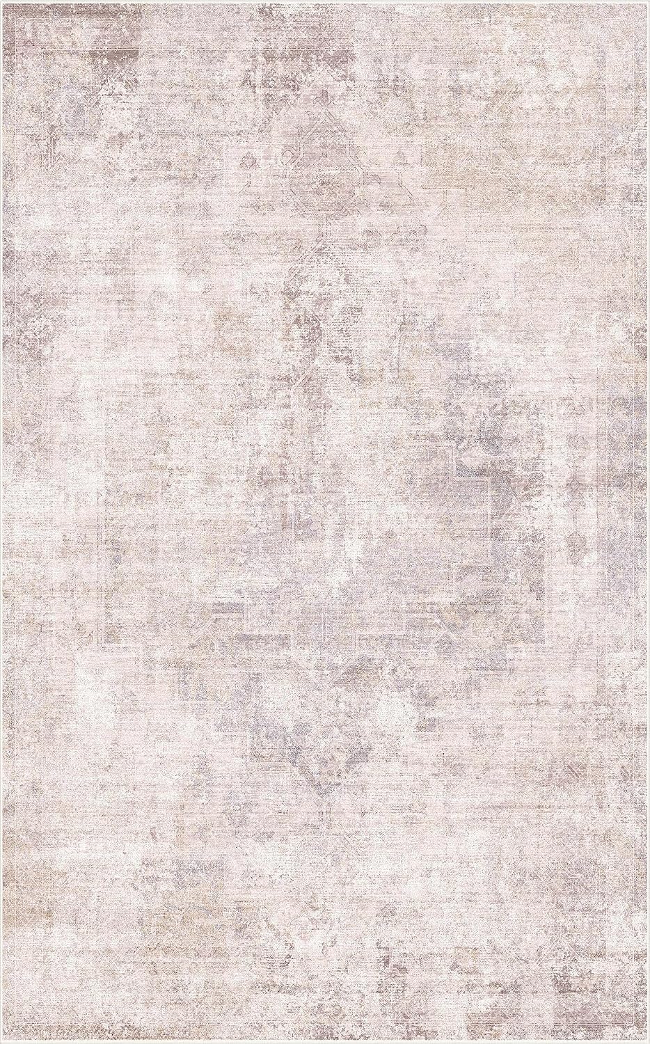 Modern Washable Bedroom Area Rug 5x8, Abstract Rugs for Living Room, Dining Room, Pink Mauve and Grey Medallion Pattern, Non Slip Low Pile Stain Resistant, Distressed Design