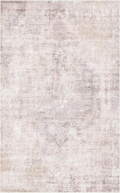Modern Washable Bedroom Area Rug 5x8, Abstract Rugs for Living Room, Dining Room, Pink Mauve and Grey Medallion Pattern, Non Slip Low Pile Stain Resistant, Distressed Design