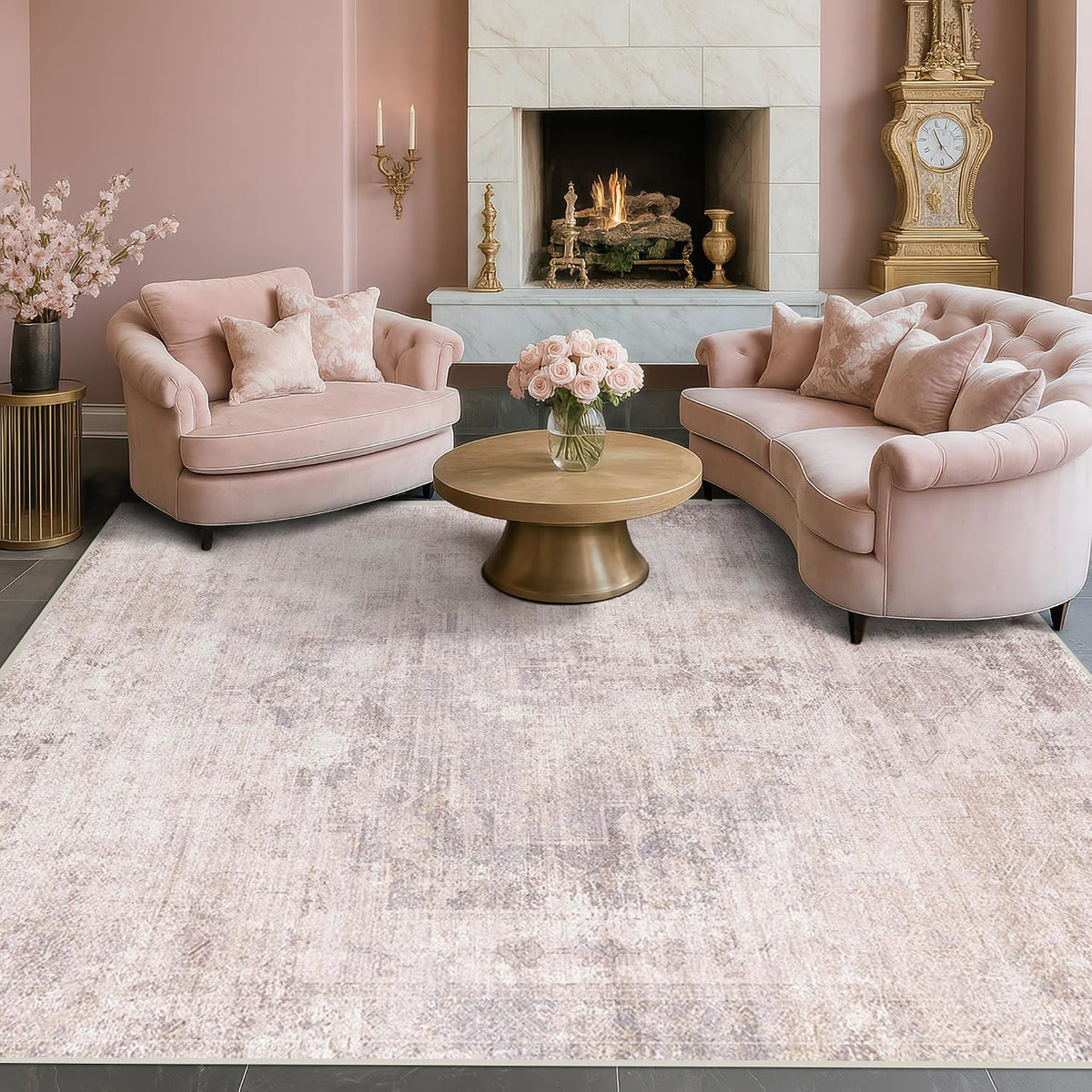Modern Washable Bedroom Area Rug 5x8, Abstract Rugs for Living Room, Dining Room, Pink Mauve and Grey Medallion Pattern, Non Slip Low Pile Stain Resistant, Distressed Design