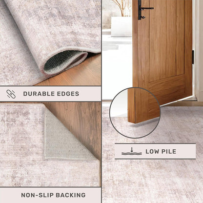 Modern Washable Bedroom Area Rug 5x8, Abstract Rugs for Living Room, Dining Room, Pink Mauve and Grey Medallion Pattern, Non Slip Low Pile Stain Resistant, Distressed Design