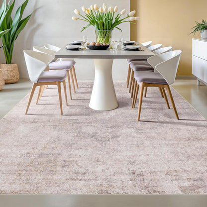 Modern Washable Bedroom Area Rug 5x8, Abstract Rugs for Living Room, Dining Room, Pink Mauve and Grey Medallion Pattern, Non Slip Low Pile Stain Resistant, Distressed Design