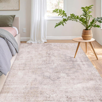 Modern Washable Bedroom Area Rug 5x8, Abstract Rugs for Living Room, Dining Room, Pink Mauve and Grey Medallion Pattern, Non Slip Low Pile Stain Resistant, Distressed Design