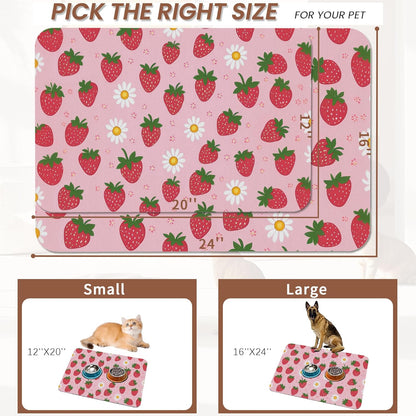 Cute Strawberry Flower Dog Cat Food Mat,Pink Absorbent Pet Feeding Mat with Rubber Backing,Non-Slip Water Bowl Placemat,Indoor Pet Accessories Supplies 12"x20"