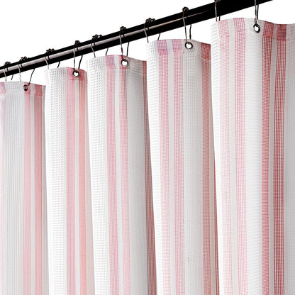 Pink Striped Shower Curtain 72x72 Inch, Waffle Textured Heavy Duty Thick Cloth Fabric Shower Curtains with 12 Metal Hooks,Pink and White Bath Bathroom Shower Curtain