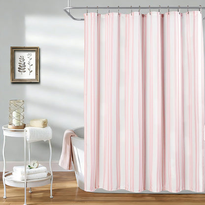 Pink Striped Shower Curtain 72x72 Inch, Waffle Textured Heavy Duty Thick Cloth Fabric Shower Curtains with 12 Metal Hooks,Pink and White Bath Bathroom Shower Curtain