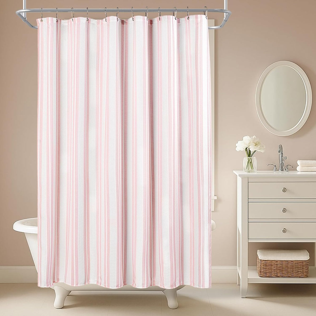 Pink Striped Shower Curtain 72x72 Inch, Waffle Textured Heavy Duty Thick Cloth Fabric Shower Curtains with 12 Metal Hooks,Pink and White Bath Bathroom Shower Curtain