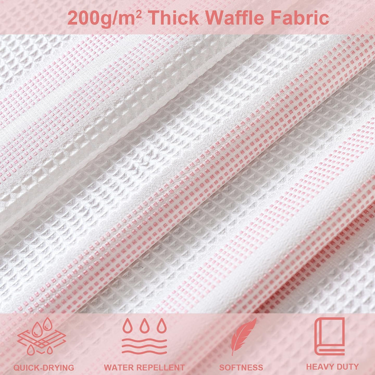 Pink Striped Shower Curtain 72x72 Inch, Waffle Textured Heavy Duty Thick Cloth Fabric Shower Curtains with 12 Metal Hooks,Pink and White Bath Bathroom Shower Curtain