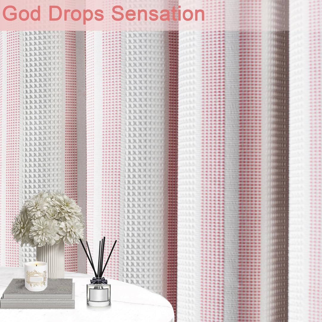 Pink Striped Shower Curtain 72x72 Inch, Waffle Textured Heavy Duty Thick Cloth Fabric Shower Curtains with 12 Metal Hooks,Pink and White Bath Bathroom Shower Curtain