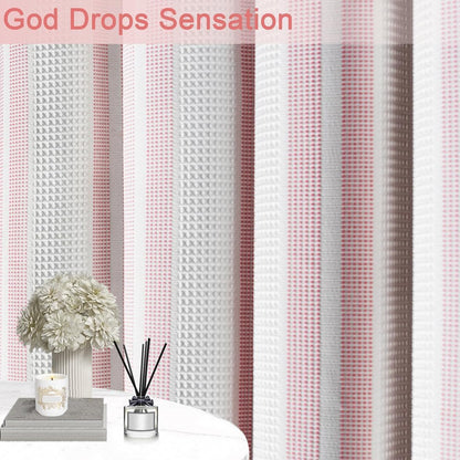 Pink Striped Shower Curtain 72x72 Inch, Waffle Textured Heavy Duty Thick Cloth Fabric Shower Curtains with 12 Metal Hooks,Pink and White Bath Bathroom Shower Curtain