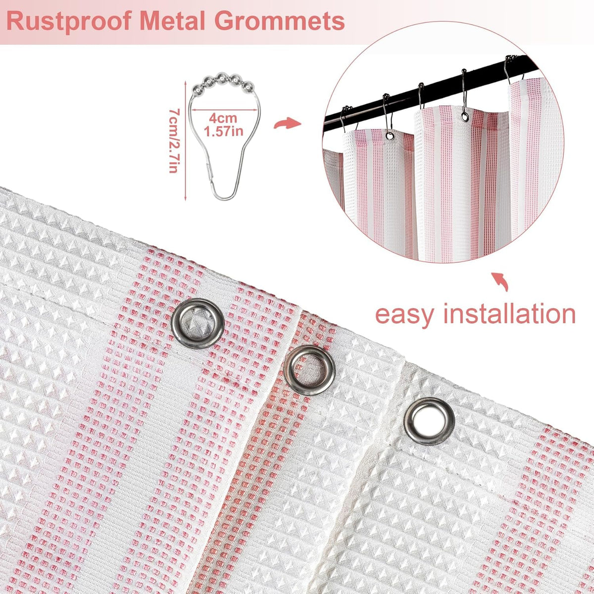 Pink Striped Shower Curtain 72x72 Inch, Waffle Textured Heavy Duty Thick Cloth Fabric Shower Curtains with 12 Metal Hooks,Pink and White Bath Bathroom Shower Curtain