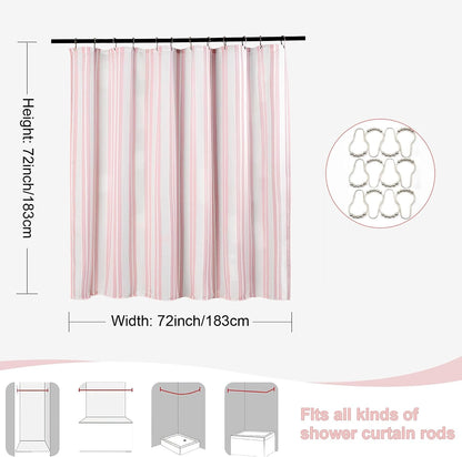 Pink Striped Shower Curtain 72x72 Inch, Waffle Textured Heavy Duty Thick Cloth Fabric Shower Curtains with 12 Metal Hooks,Pink and White Bath Bathroom Shower Curtain