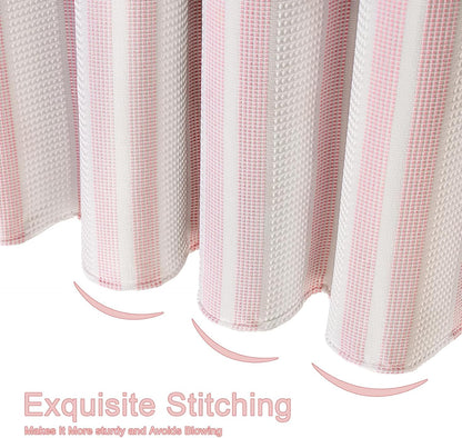 Pink Striped Shower Curtain 72x72 Inch, Waffle Textured Heavy Duty Thick Cloth Fabric Shower Curtains with 12 Metal Hooks,Pink and White Bath Bathroom Shower Curtain