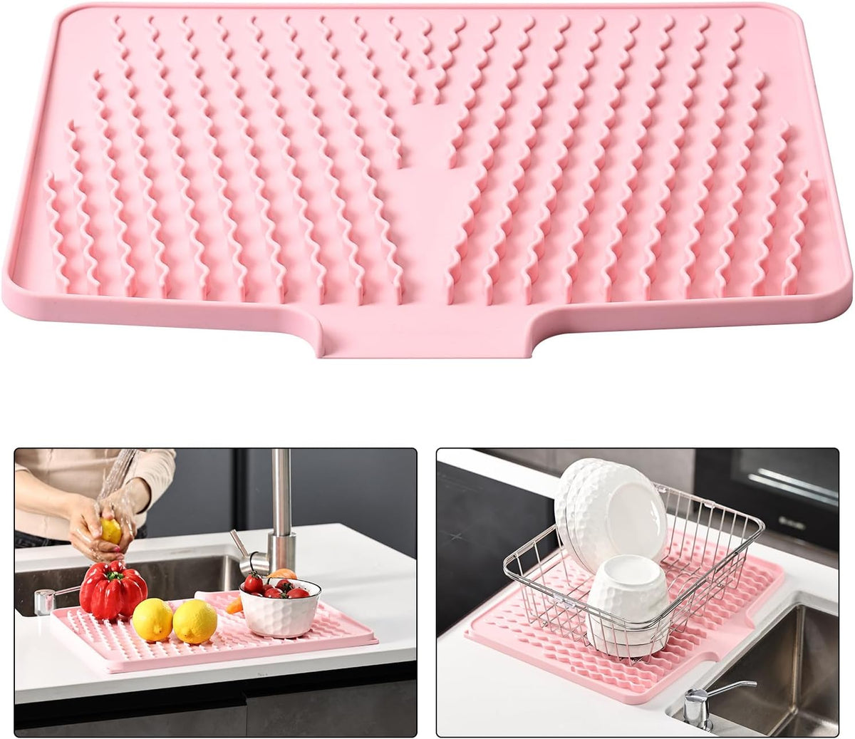 Silicone Dish Drying Mat for Kitchen Counter or Sink , Heat-resistant Dish Dryer Mat with Built-in Drain Lip , Non-Slip Drain Pad Protects Surfaces Prevents Water Build UP (Pink, 13x15.8 Inch)