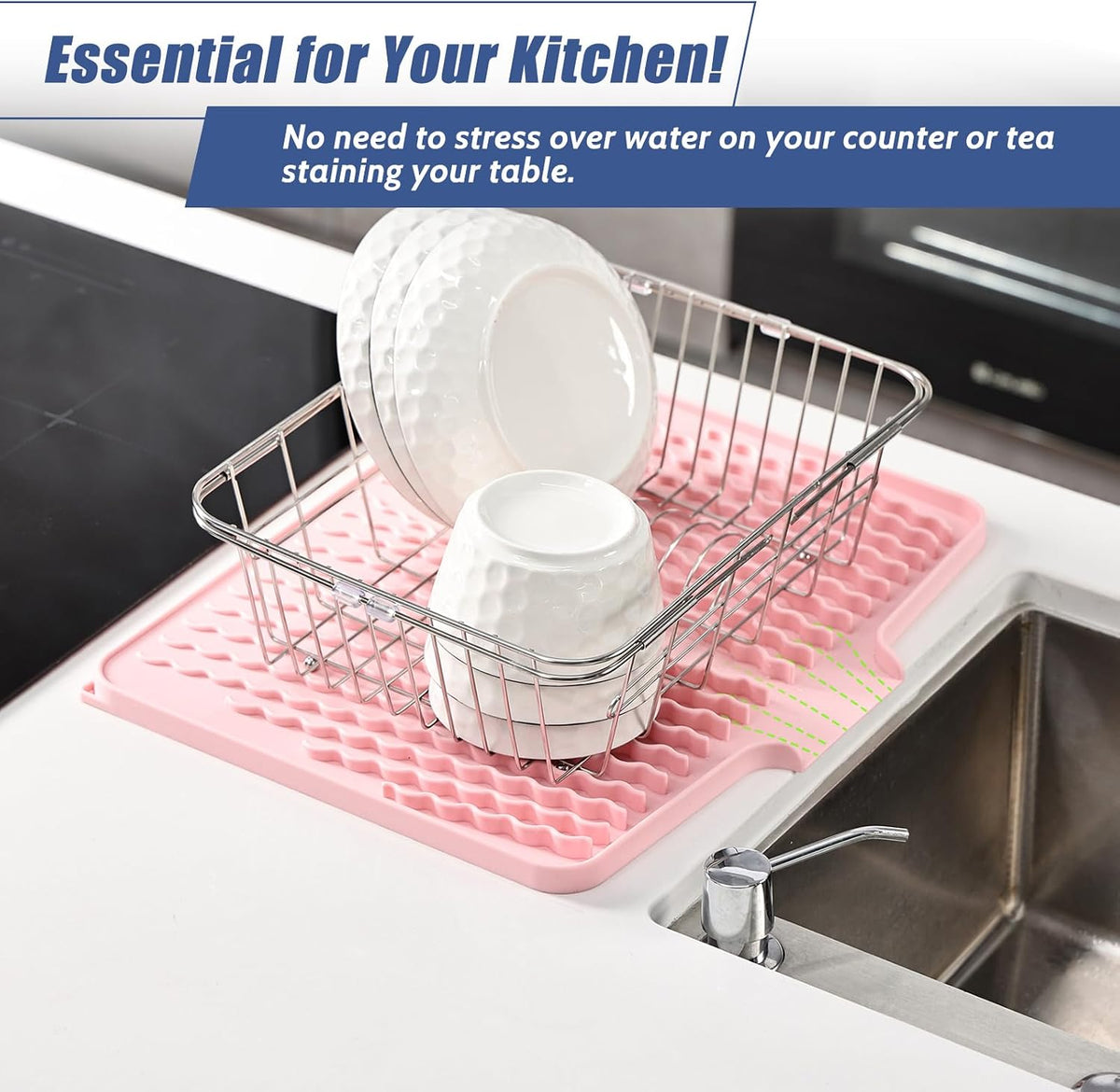 Silicone Dish Drying Mat for Kitchen Counter or Sink , Heat-resistant Dish Dryer Mat with Built-in Drain Lip , Non-Slip Drain Pad Protects Surfaces Prevents Water Build UP (Pink, 13x15.8 Inch)
