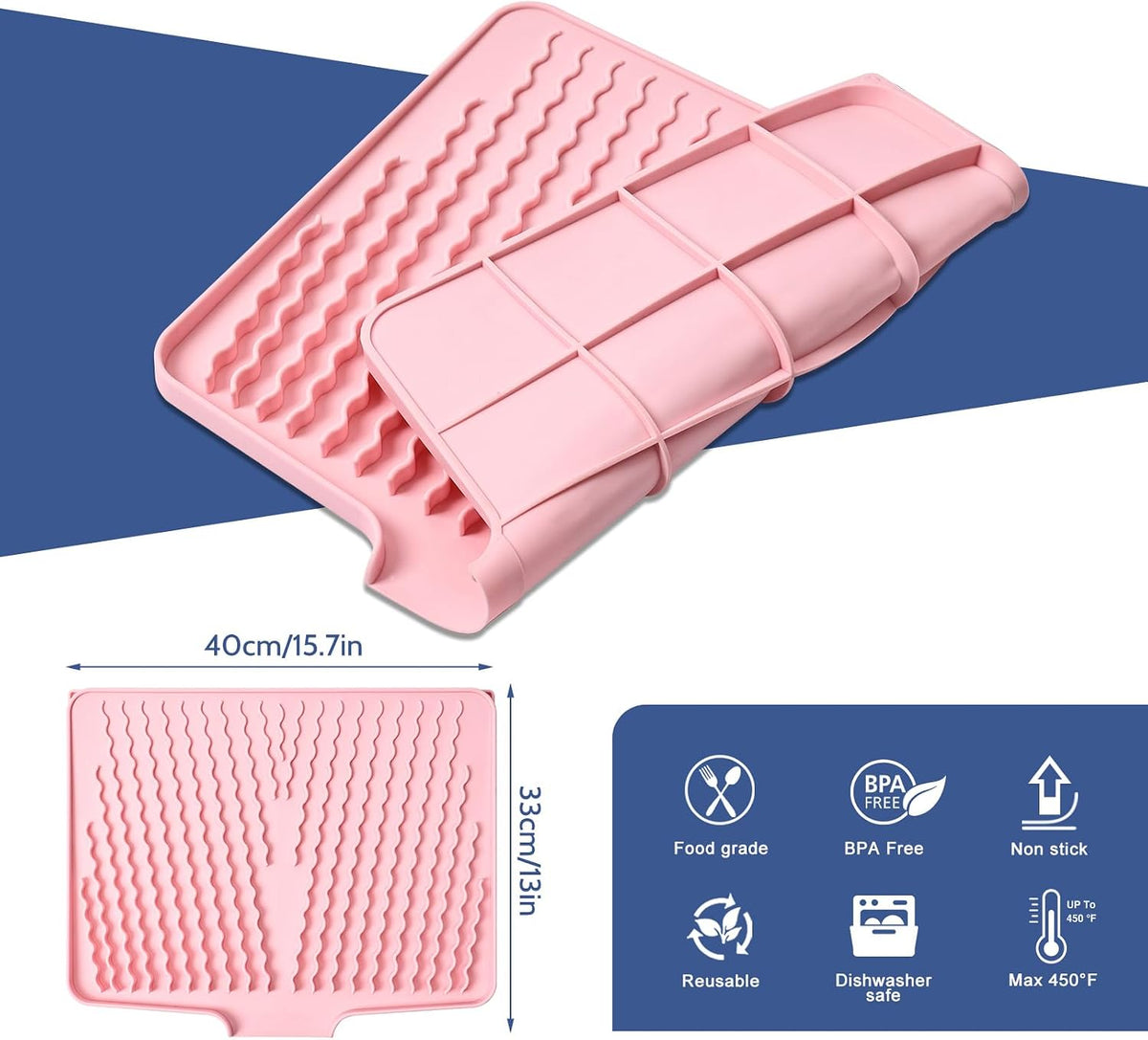 Silicone Dish Drying Mat for Kitchen Counter or Sink , Heat-resistant Dish Dryer Mat with Built-in Drain Lip , Non-Slip Drain Pad Protects Surfaces Prevents Water Build UP (Pink, 13x15.8 Inch)