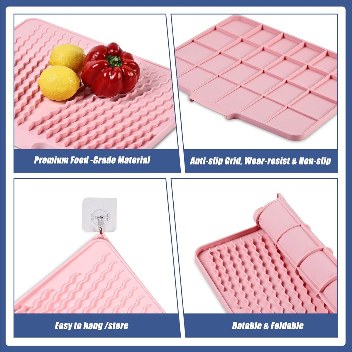 Silicone Dish Drying Mat for Kitchen Counter or Sink , Heat-resistant Dish Dryer Mat with Built-in Drain Lip , Non-Slip Drain Pad Protects Surfaces Prevents Water Build UP (Pink, 13x15.8 Inch)