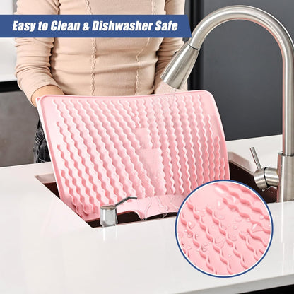 Silicone Dish Drying Mat for Kitchen Counter or Sink , Heat-resistant Dish Dryer Mat with Built-in Drain Lip , Non-Slip Drain Pad Protects Surfaces Prevents Water Build UP (Pink, 13x15.8 Inch)