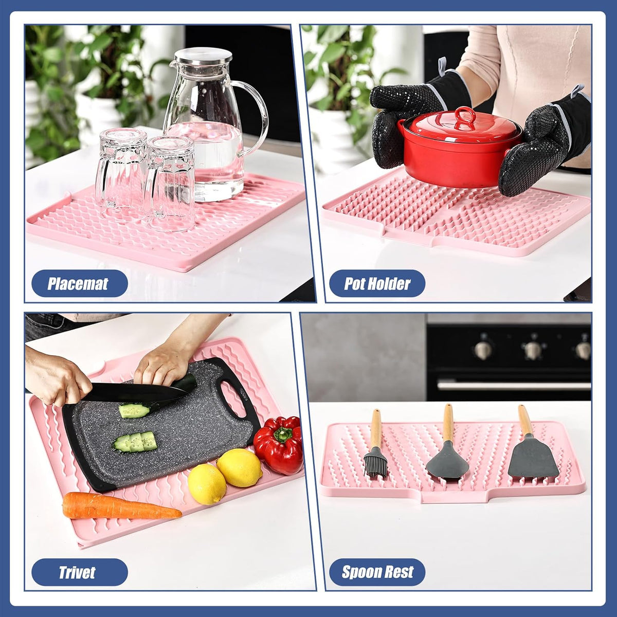 Silicone Dish Drying Mat for Kitchen Counter or Sink , Heat-resistant Dish Dryer Mat with Built-in Drain Lip , Non-Slip Drain Pad Protects Surfaces Prevents Water Build UP (Pink, 13x15.8 Inch)