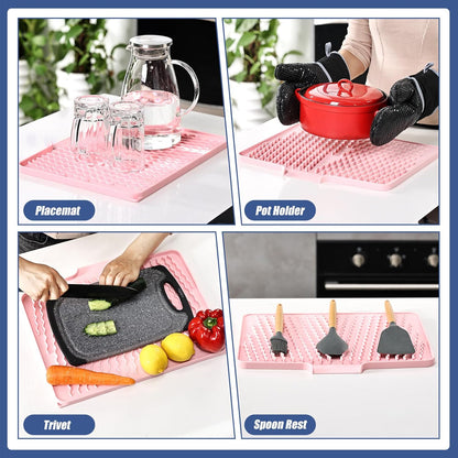 Silicone Dish Drying Mat for Kitchen Counter or Sink , Heat-resistant Dish Dryer Mat with Built-in Drain Lip , Non-Slip Drain Pad Protects Surfaces Prevents Water Build UP (Pink, 13x15.8 Inch)