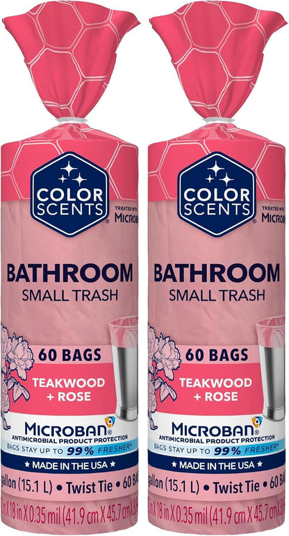 Small Trash Bags - 4 Gallon, 60 Bags (2 Pack of 60 Count), Twist Tie - Pink Bag in Teakwood + Rose Scent with Microban