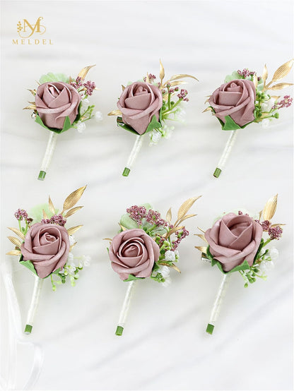 Dusty Pink Faux Foam Rose Boutonnieres for Men Wedding Prom 6Pcs
