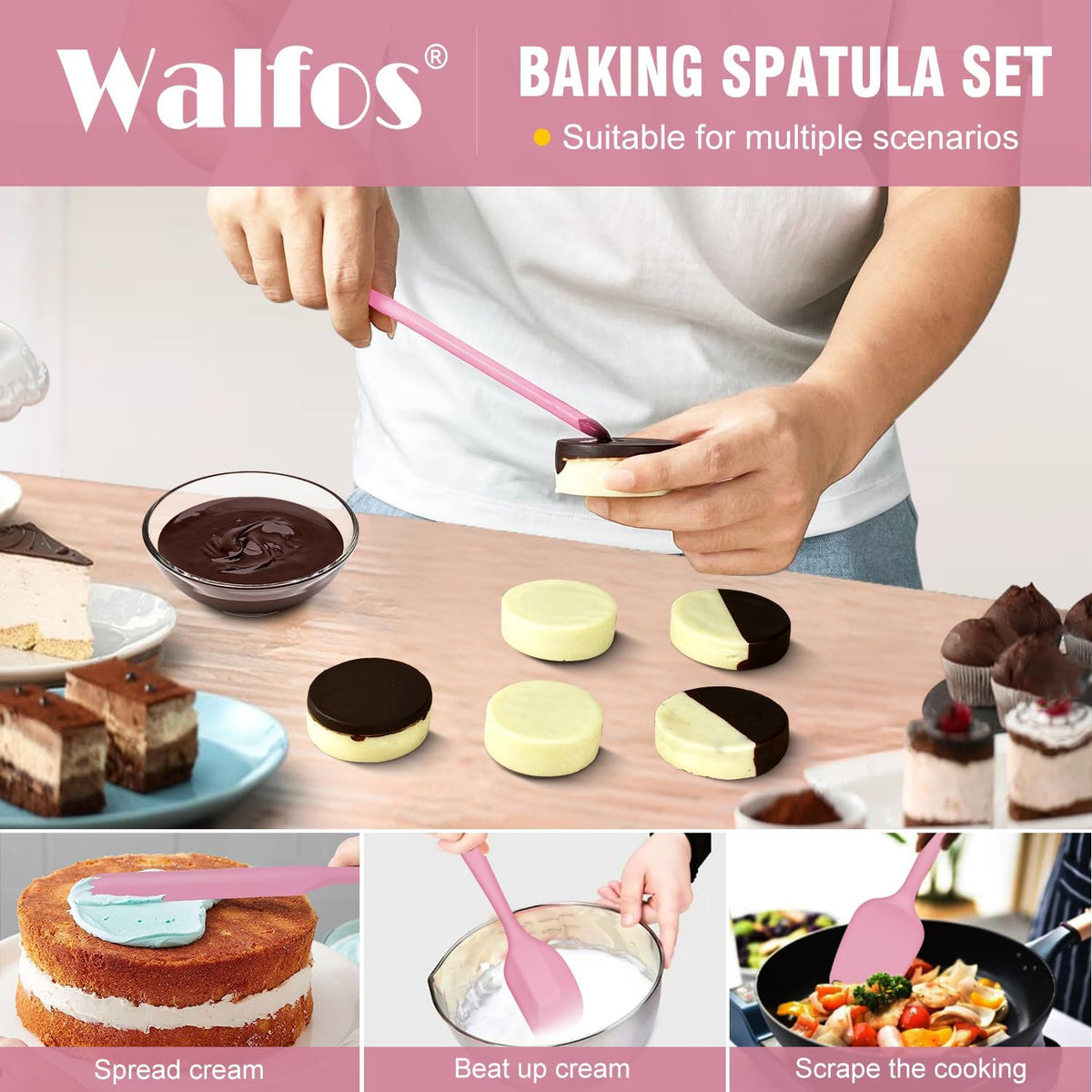 Silicone Spatula Set of 5 - (600°F) High Heat Resistant Kitchen Scraper Spatulas, One-Pieces Seamless Design, Perfect for Cooking Mixing & Baking - BPA Free and Dishwasher Safe（Pink）