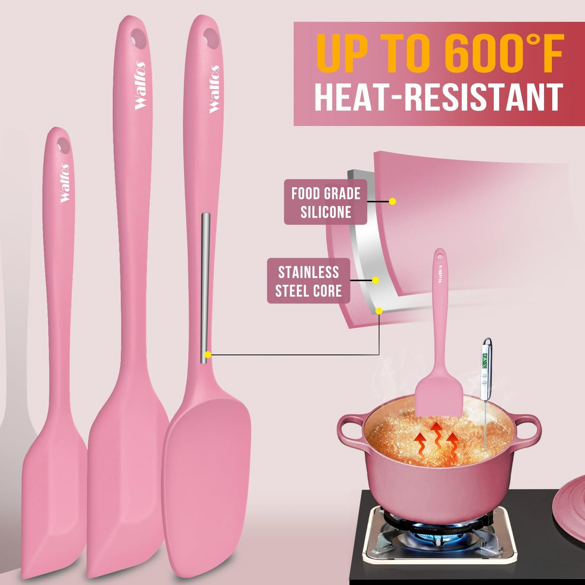Silicone Spatula Set of 5 - (600°F) High Heat Resistant Kitchen Scraper Spatulas, One-Pieces Seamless Design, Perfect for Cooking Mixing & Baking - BPA Free and Dishwasher Safe（Pink）