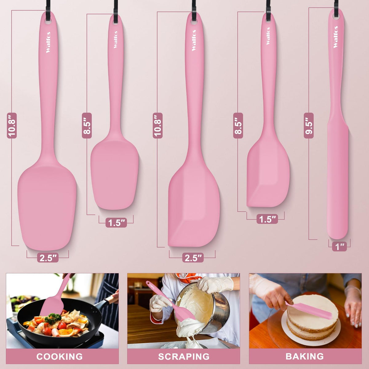 Silicone Spatula Set of 5 - (600°F) High Heat Resistant Kitchen Scraper Spatulas, One-Pieces Seamless Design, Perfect for Cooking Mixing & Baking - BPA Free and Dishwasher Safe（Pink）