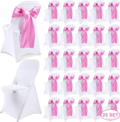 50 Pcs Folding Chair Cover Set, White, Pink