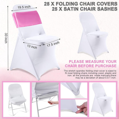 50 Pcs Folding Chair Cover Set, White, Pink